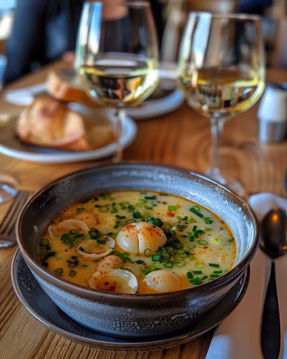 Bowl of creamy garlic potato soup garnished with herbs and cheese