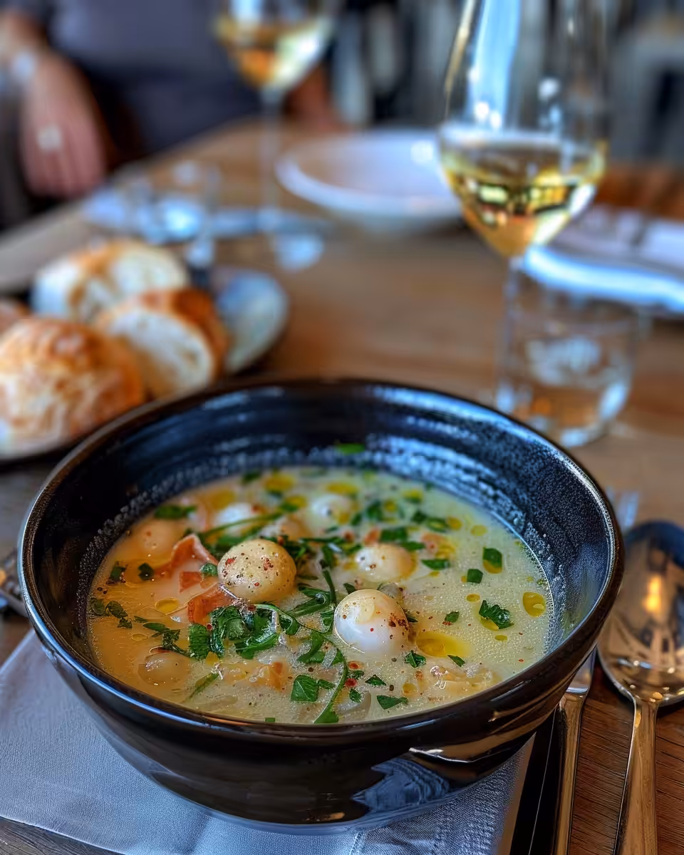 Pressure cooker releasing steam for garlic soup cooking