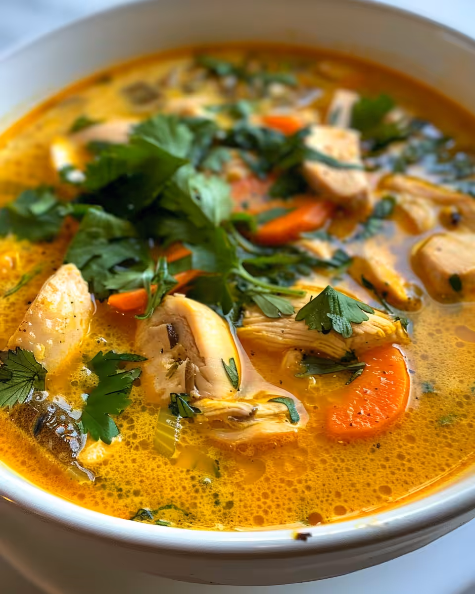 Turmeric chicken soup served in bowl garnished with fresh parsley