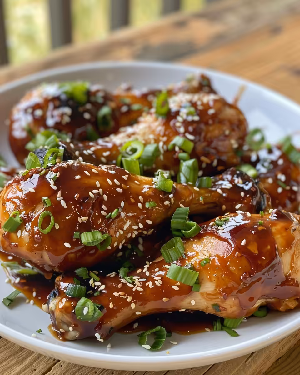 Fully cooked Asian glazed chicken drumsticks served garnished