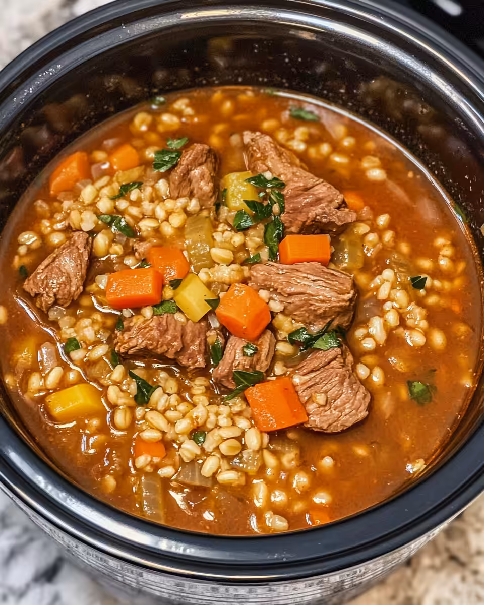 Ingredients for beef barley soup displayed with carrots, celery, and barley