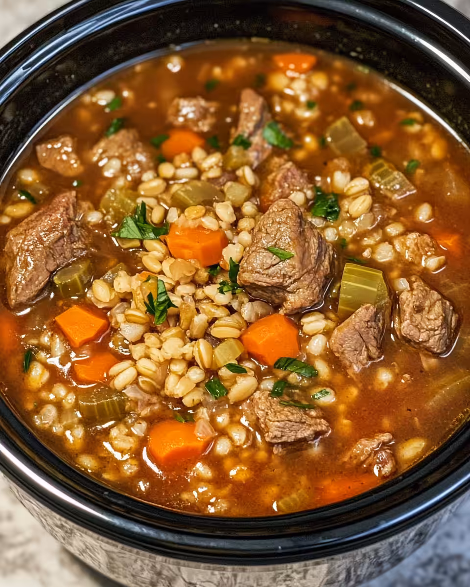 Bowl of finished beef barley soup garnished with fresh parsley