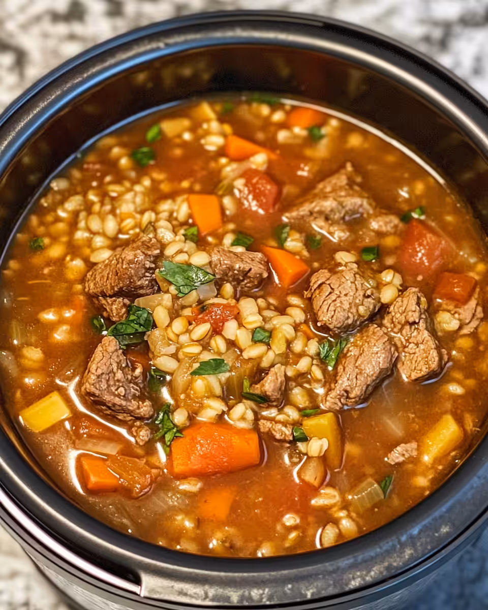 Beef barley soup bubbling in a pressure cooker