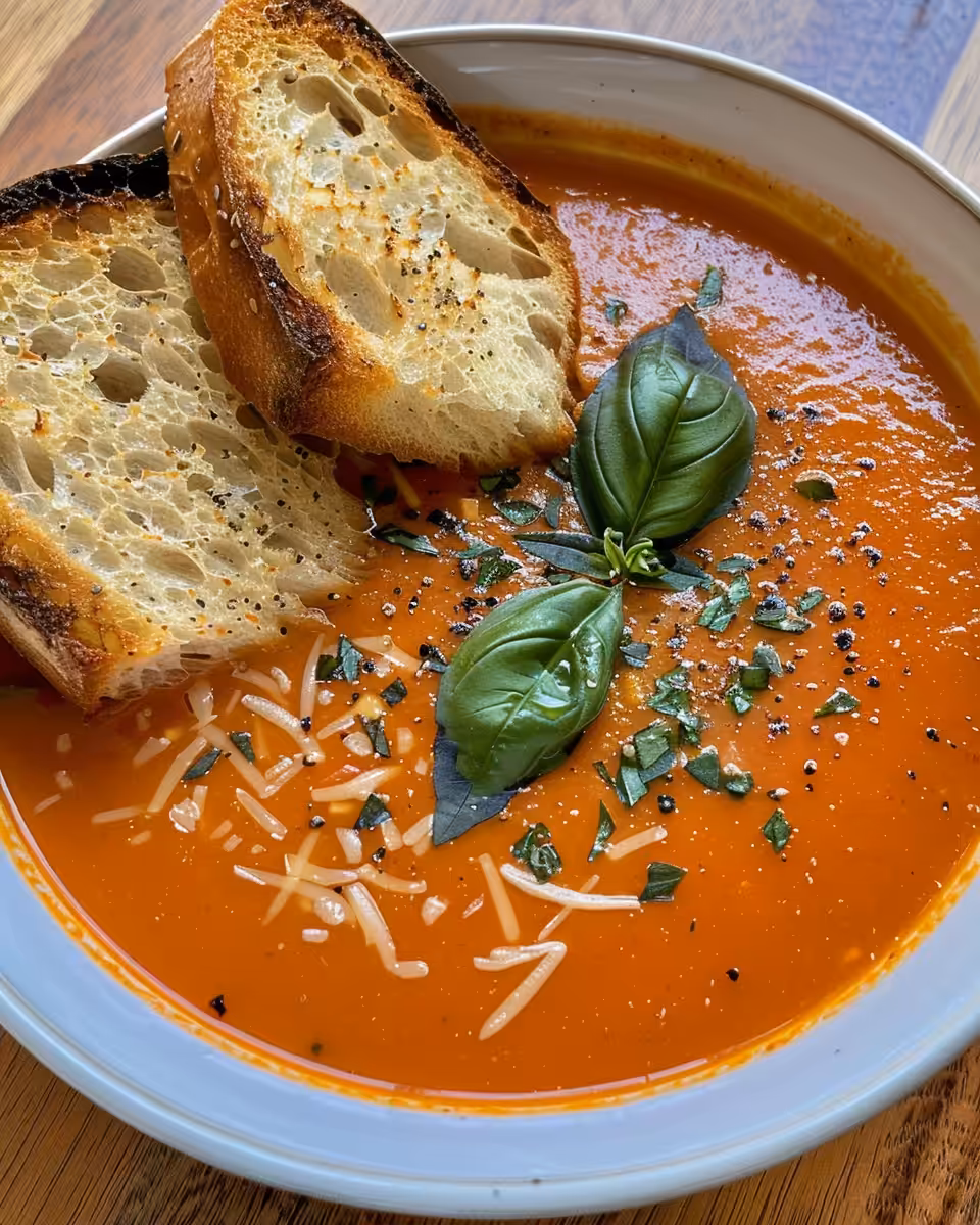 Creamy roasted tomato basil soup served hot in a bowl with fresh basil garnish