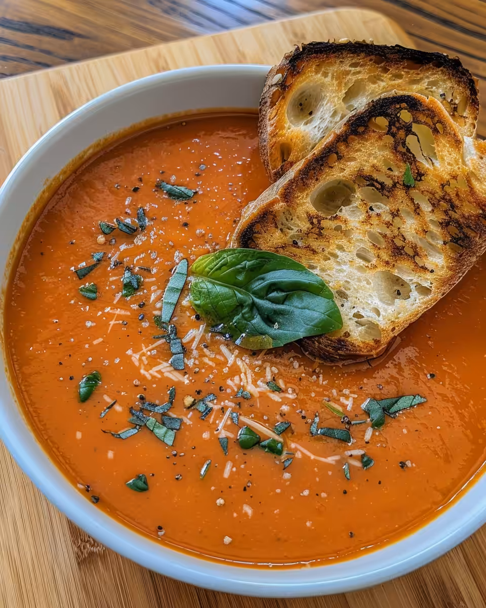Steaming bowl of roasted tomato basil soup fresh and aromatic