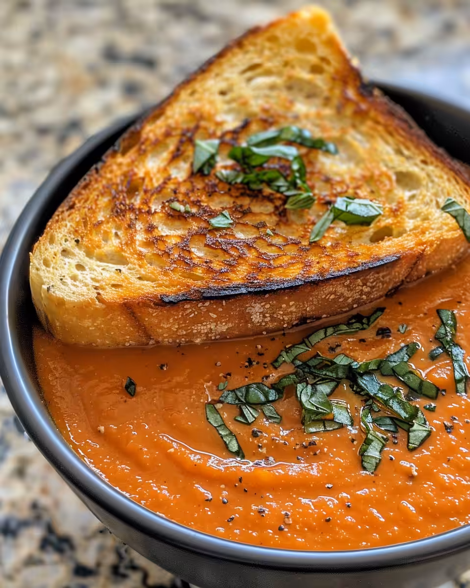Finished creamy pumpkin tomato soup served in bowl with grilled cheese sticks on the side