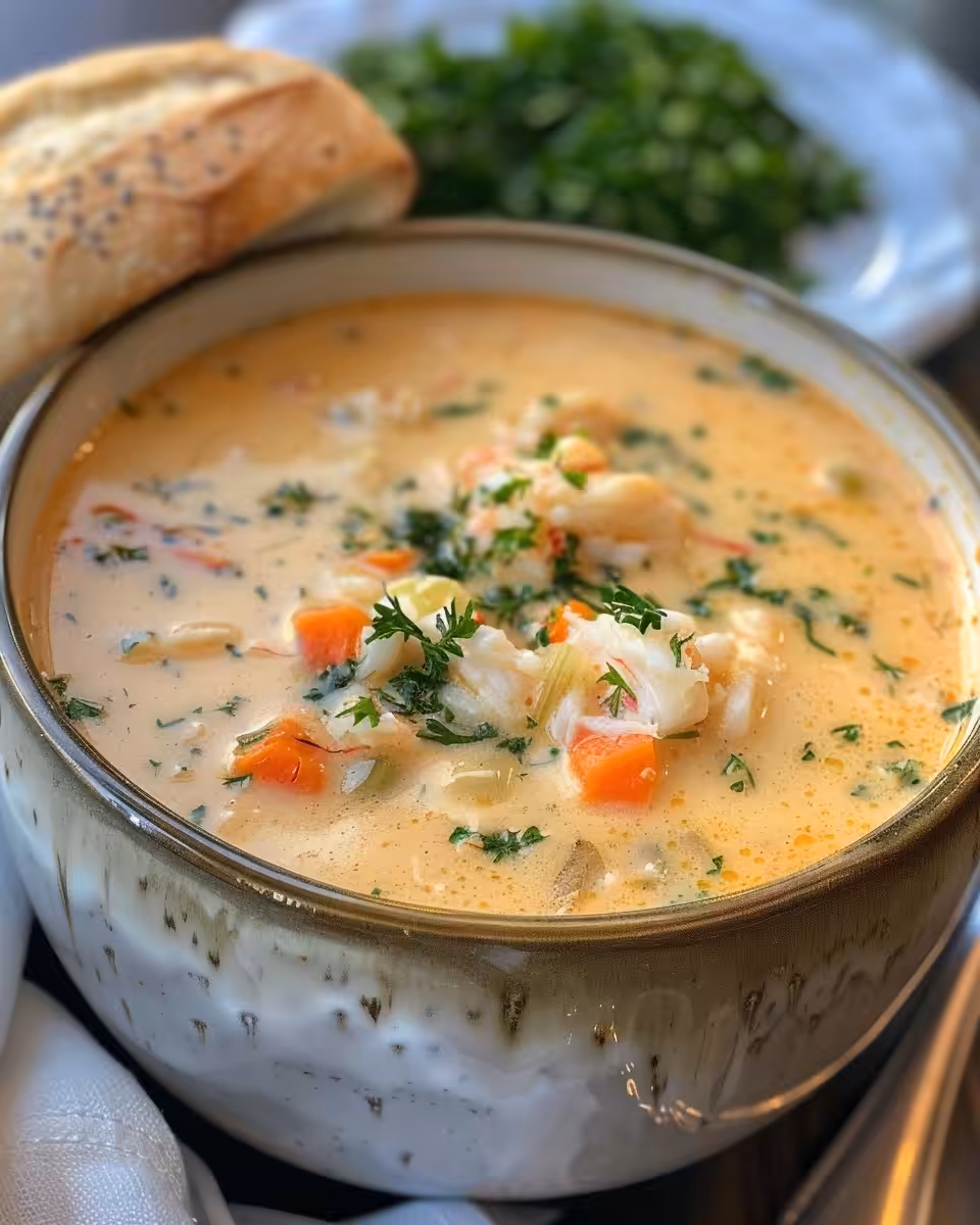 Serving bowl of creamy she crab soup topped with crab meat and herbs