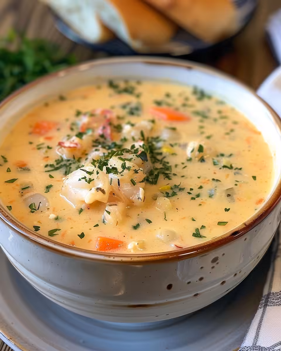 She crab soup simmering in pressure cooker with steam valve