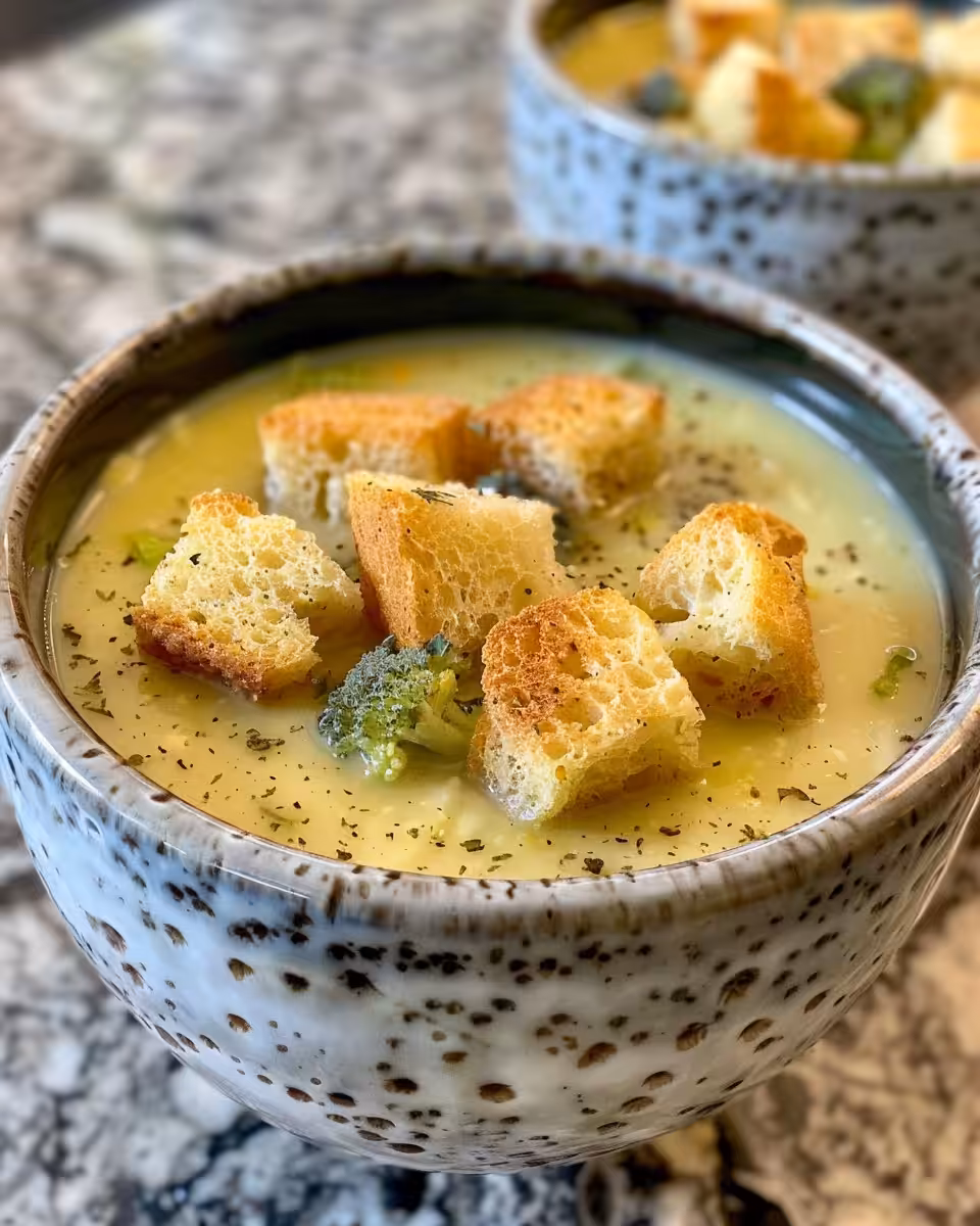 Finished broccoli cauliflower cheddar soup served with garlic croutons and crispy broccoli florets
