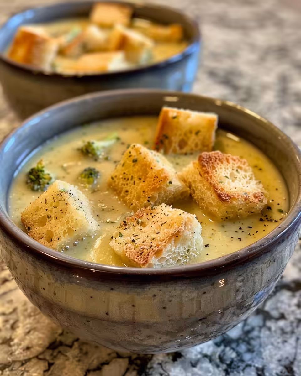 Creamy broccoli cauliflower and cheddar soup with garlic croutons steaming in kitchen