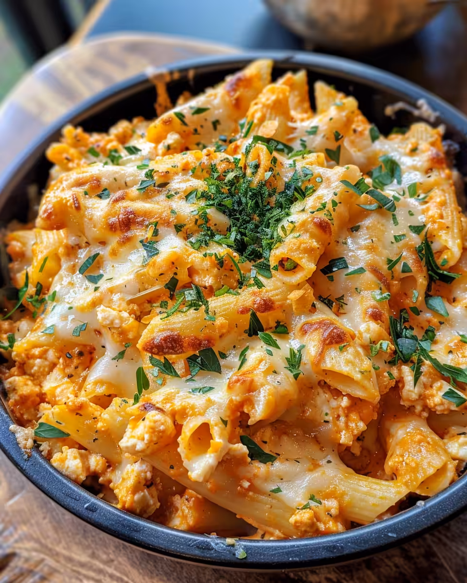 Baked buffalo chicken ziti fresh out of oven with melted cheese
