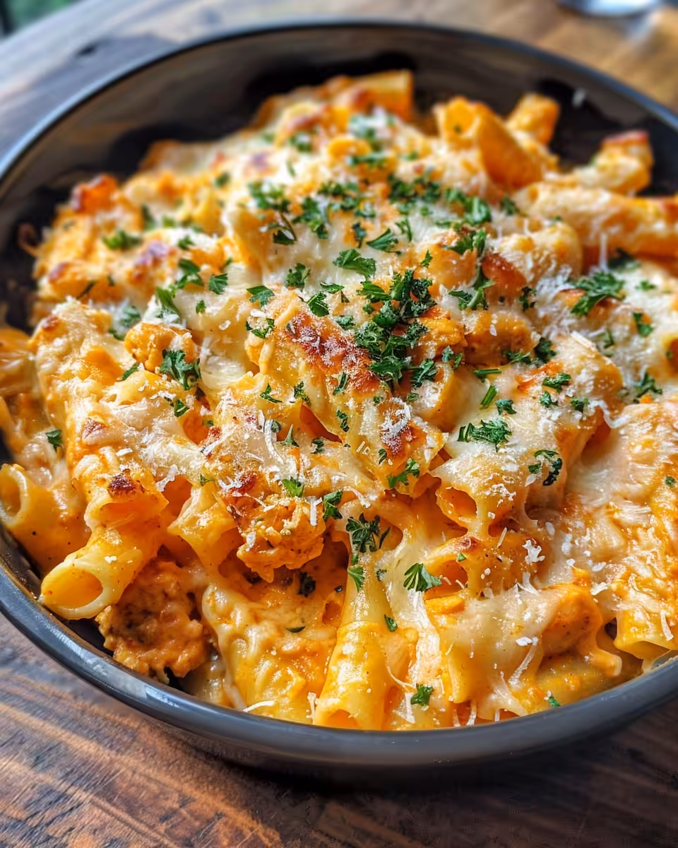 Buffalo Chicken Baked Ziti in a pressure cooker ready to serve