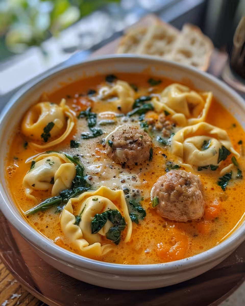 Butternut squash tortellini soup with mini meatballs steaming in pot