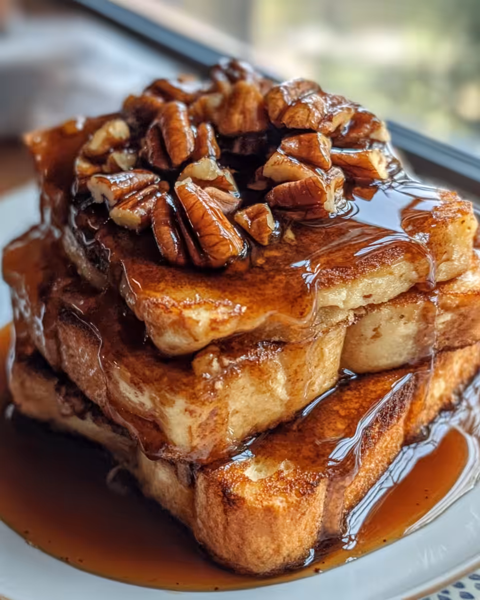 Close up of finished caramel pecan slow cooker French toast served warm