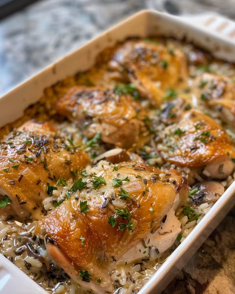 Chicken Amandine Casserole cooking in a pot with wild rice