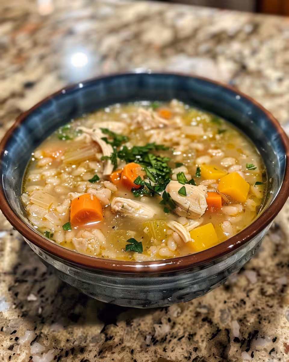 Pressure cooker beginning to steam and cook chicken barley soup