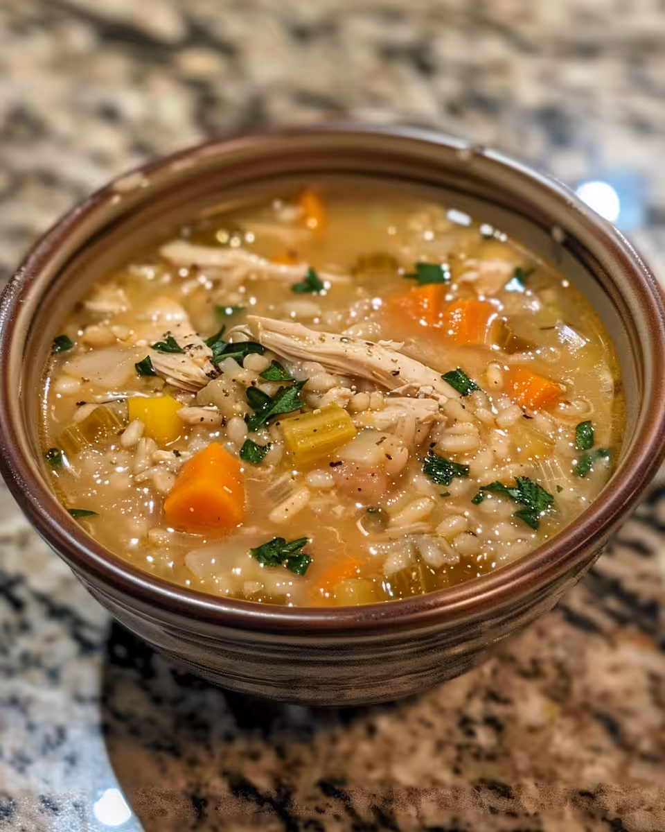 Bowl of finished chicken barley soup with fresh herbs and steam rising