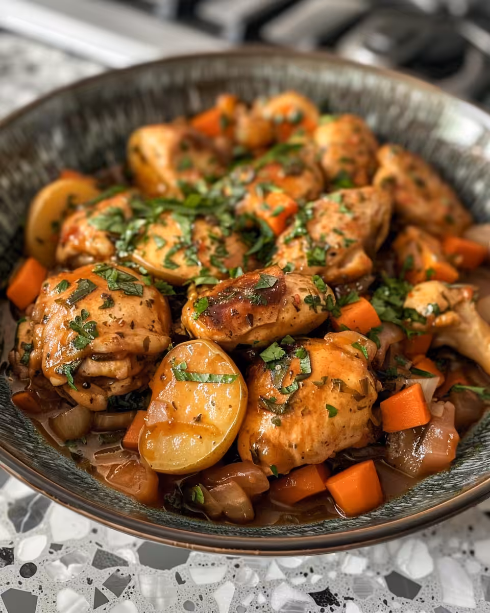 Plated chicken chasseur with sauce and fresh herbs ready to serve