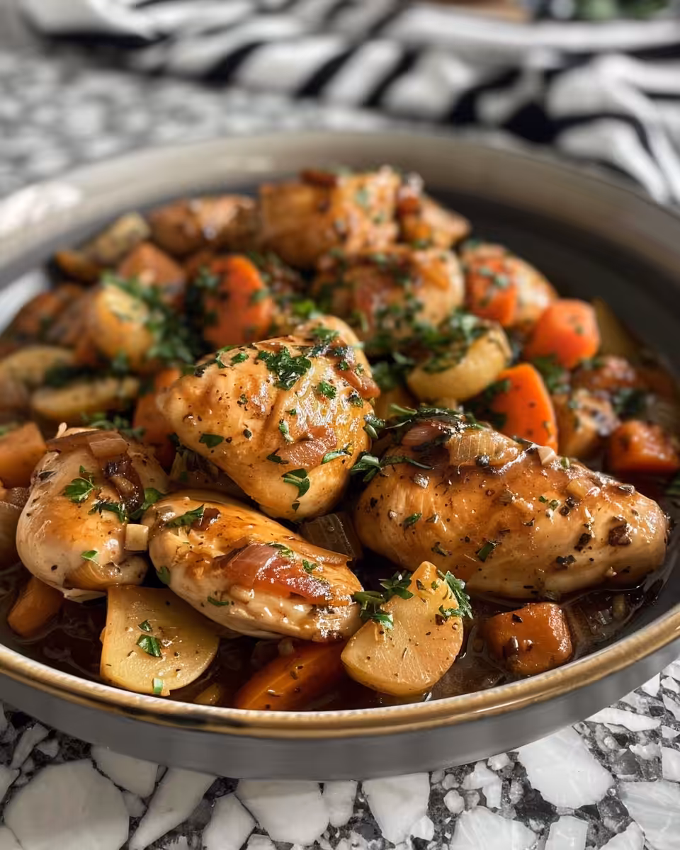 Pressure cooker chicken chasseur with lid lifting, savory aroma rising