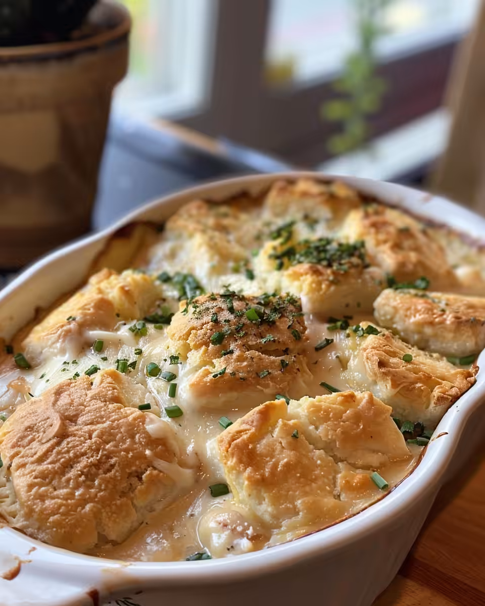 Golden baked chicken cobbler served in baking dish with cheesy biscuit topping