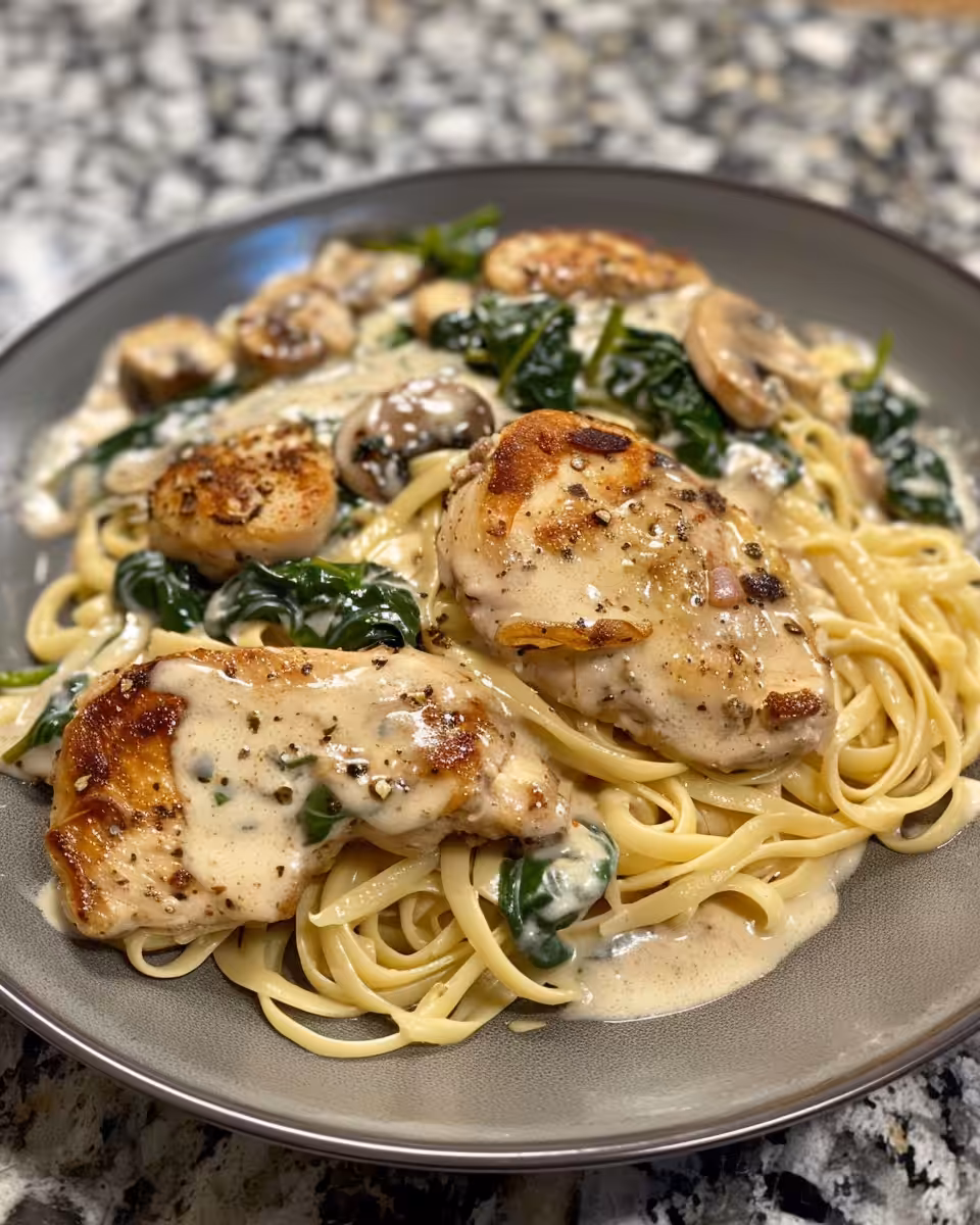 Creamy chicken florentine cooking in pressure cooker, bubbling sauce