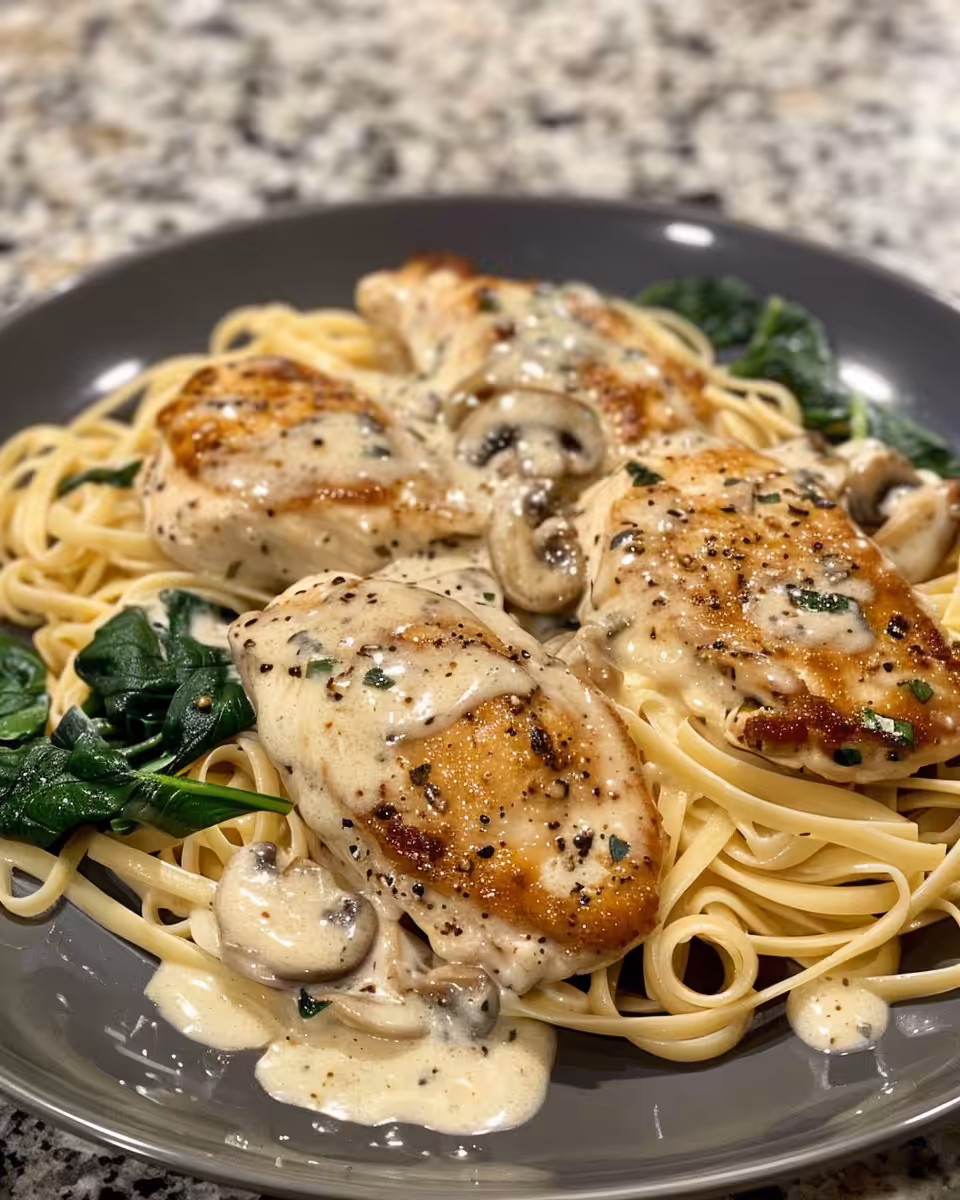 Plated creamy chicken florentine ready to be enjoyed