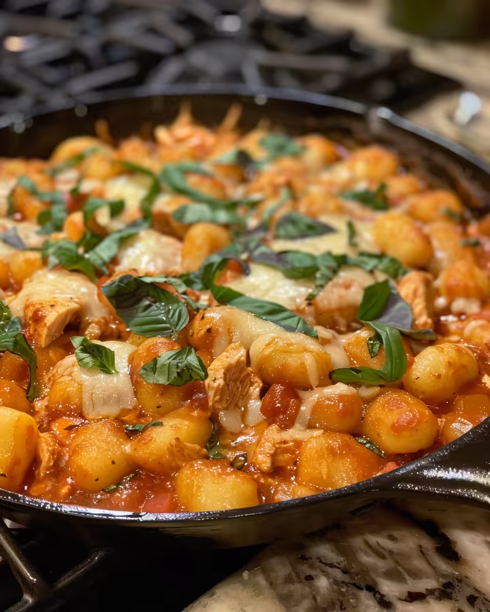 Final plated chicken gnocchi skillet ready to serve
