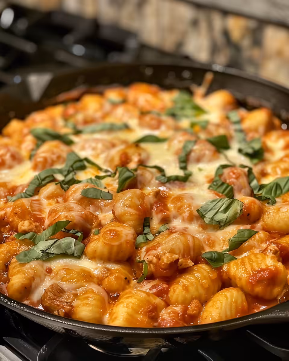 Freshly cooked chicken gnocchi skillet in a pan, steam rising