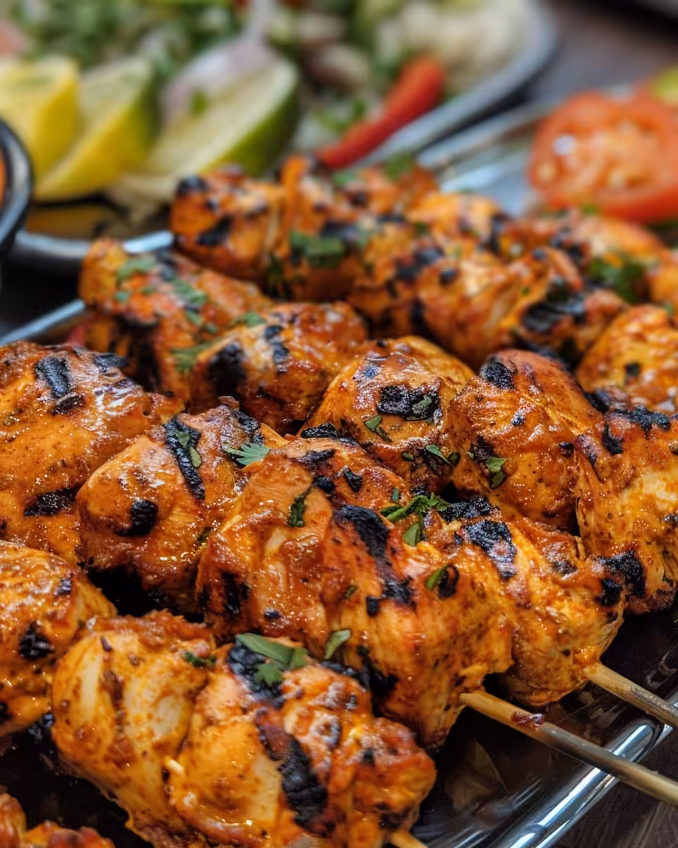 Golden grilled chicken kebabs ready to serve