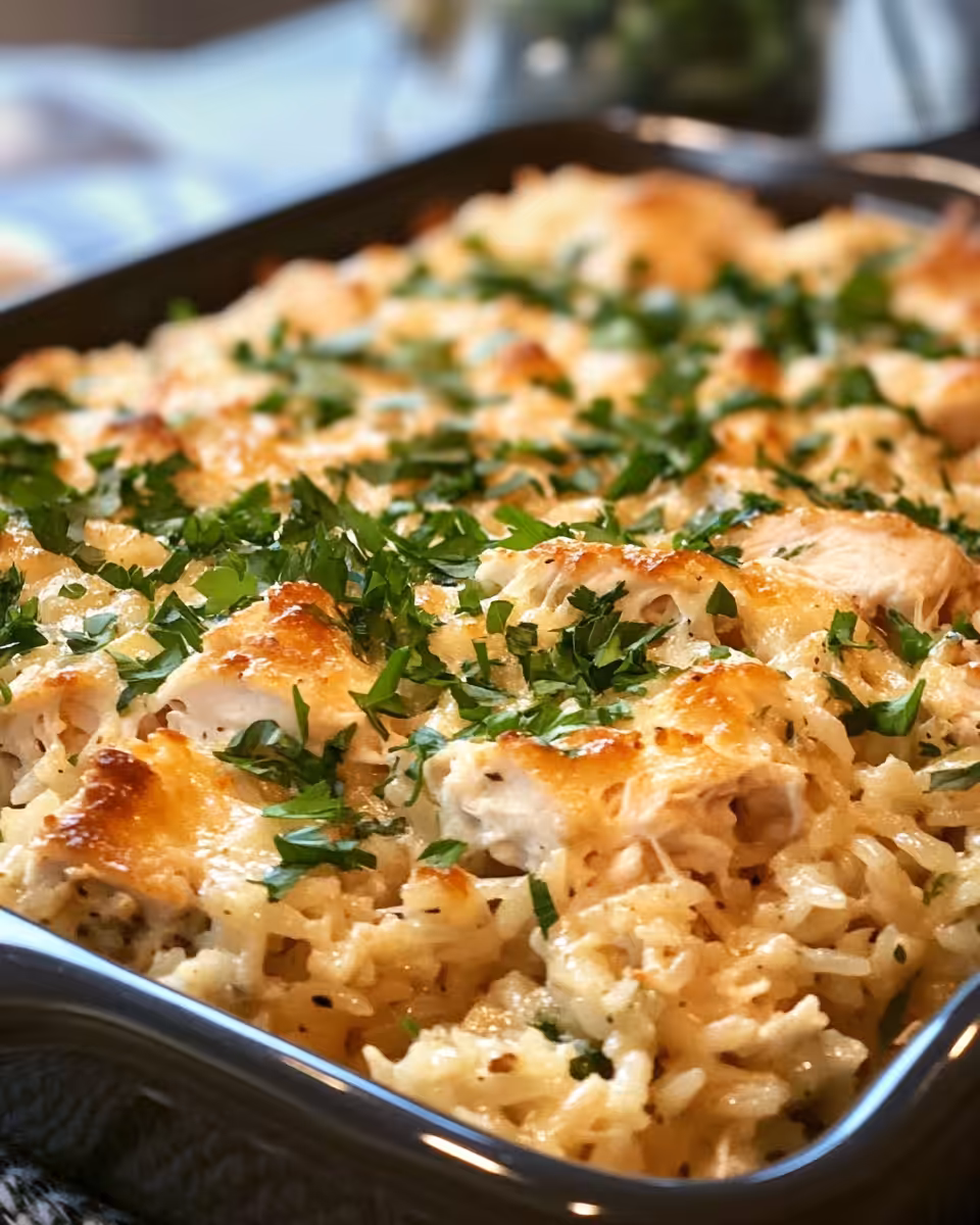Serving of Mamaw's chicken and rice casserole with melted butter on top