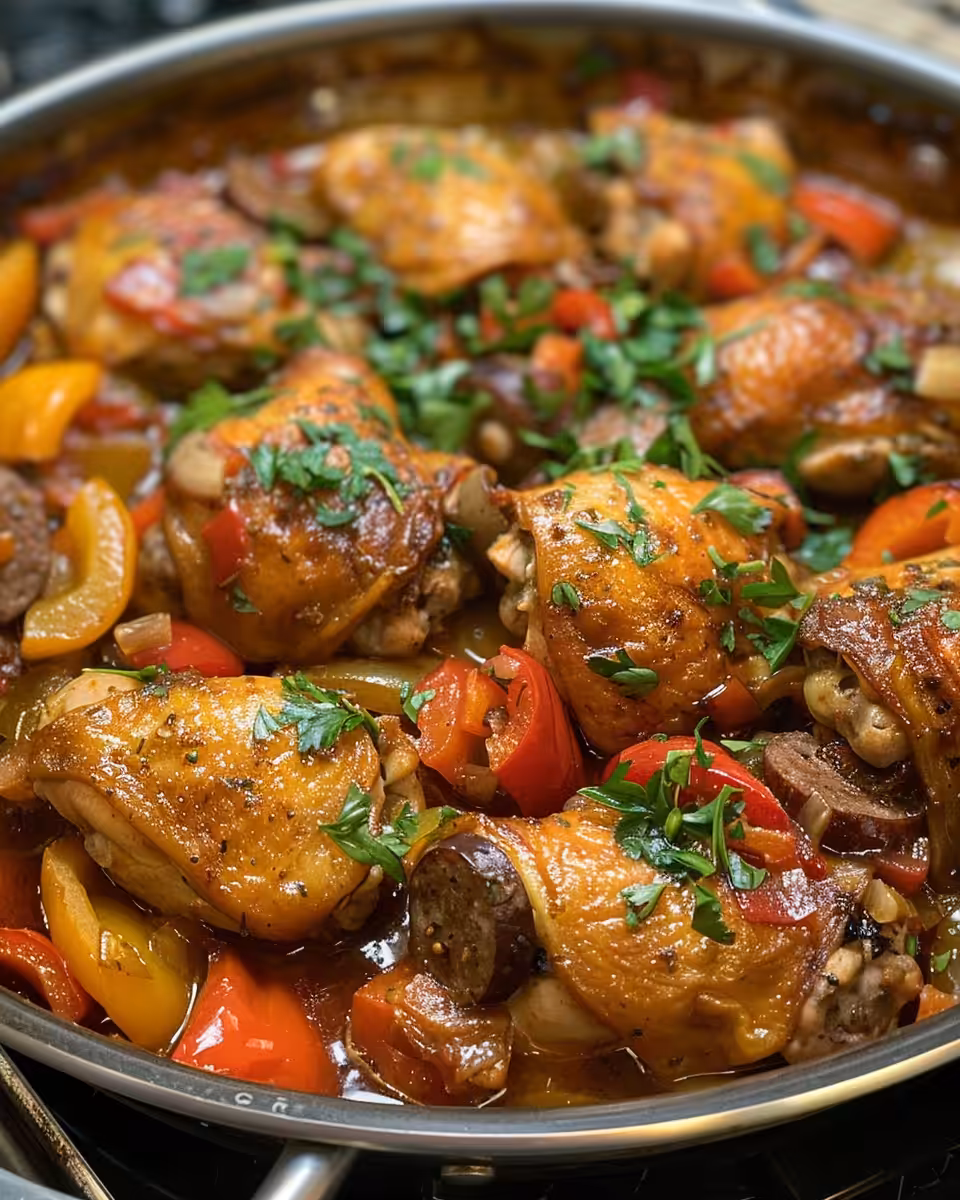 Searing chicken thighs with golden skin and cooking peppers alongside