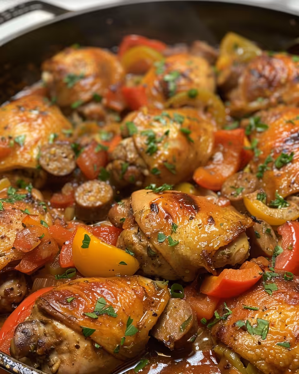 Served Chicken Scarpariello plated with sausage, potatoes and peppers garnished with parsley