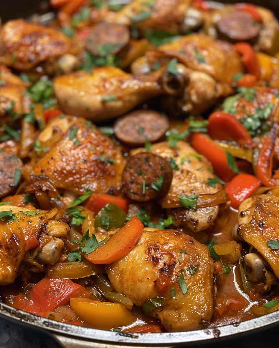 Chicken Scarpariello sizzling in pressure cooker with sausage and peppers
