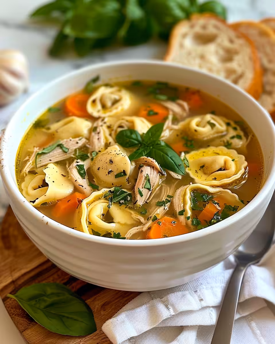 Serving bowl of chicken tortellini soup garnished with fresh parsley