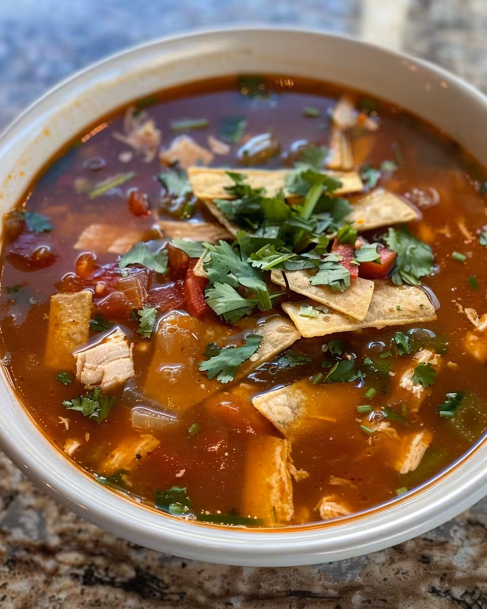 Close up of chicken tortilla soup with garnishes and crispy tortilla strips