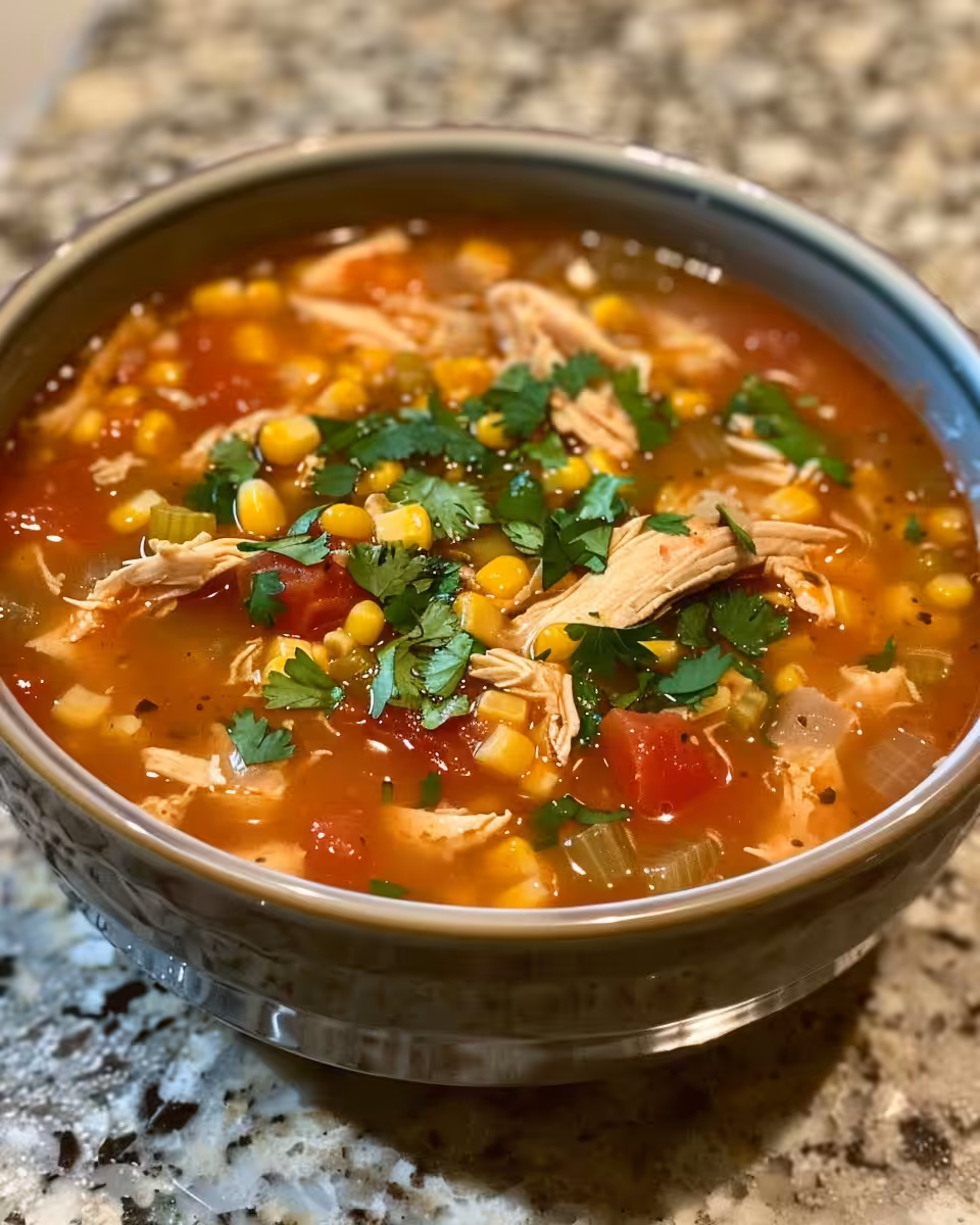 Ingredients for chicken tortilla soup including diced vegetables and spices