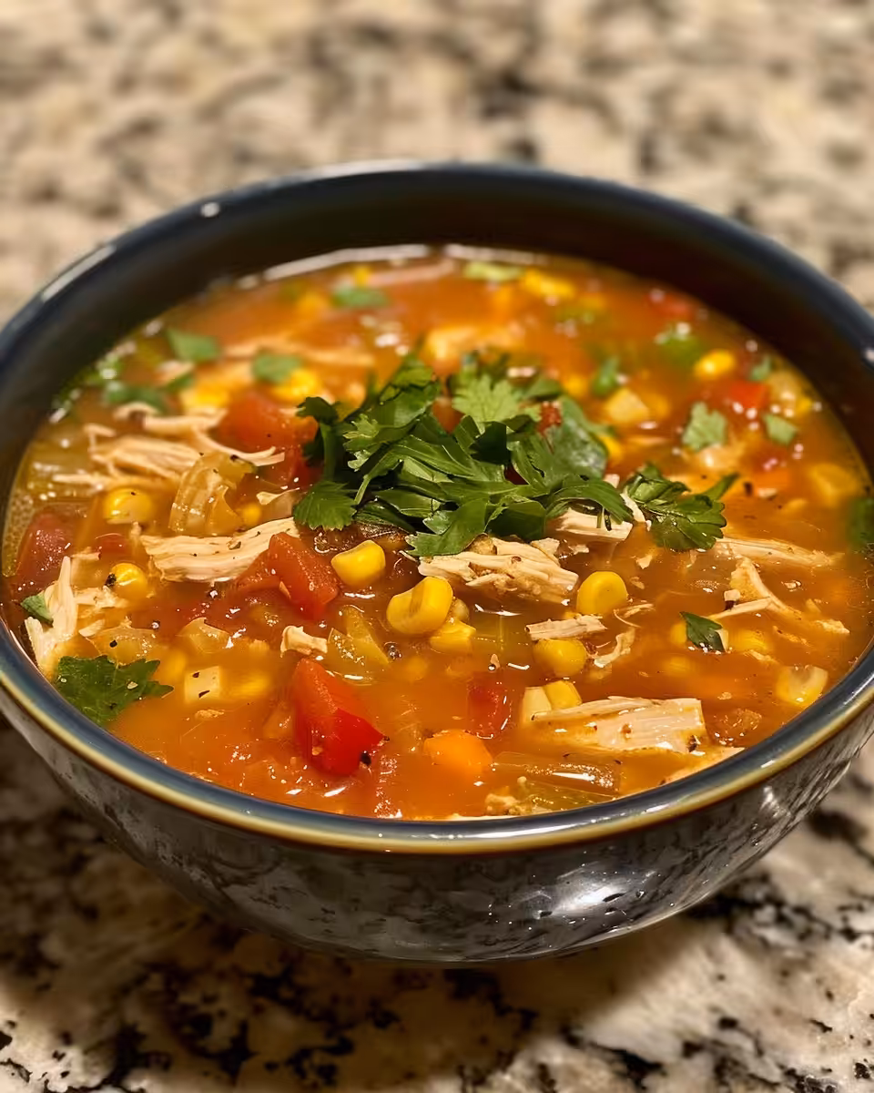 Creamy chicken tortilla soup simmering with corn and diced tomatoes