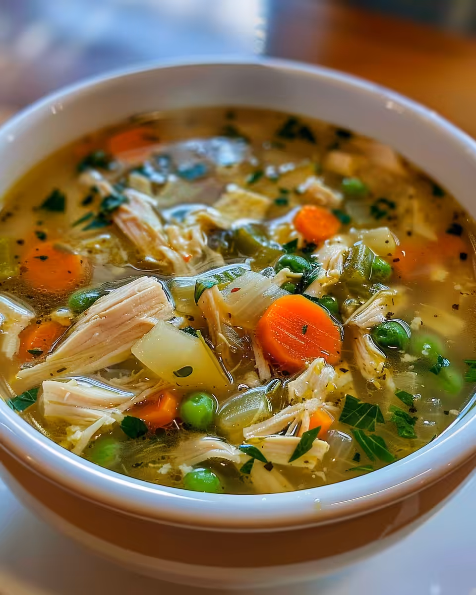 Bowl of finished chicken vegetable soup garnished with parsley