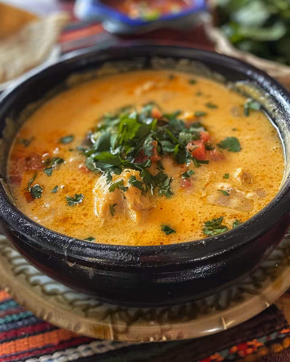 Cooking creamy chicken and poblano soup in pot with cheeses ready to serve
