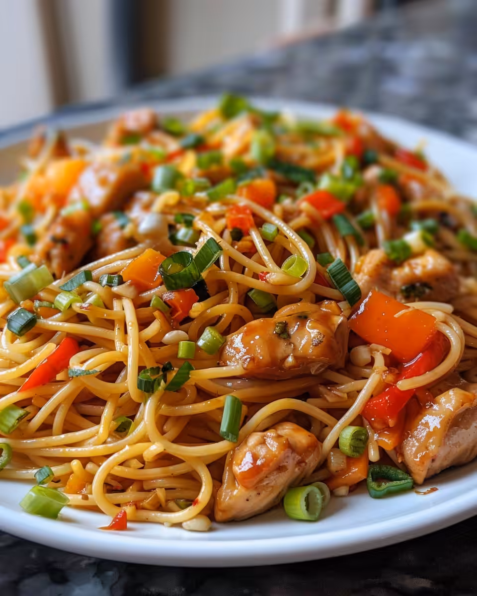 Ingredients for Chinese Chicken Spaghetti including noodles, chicken, snow peas, carrots