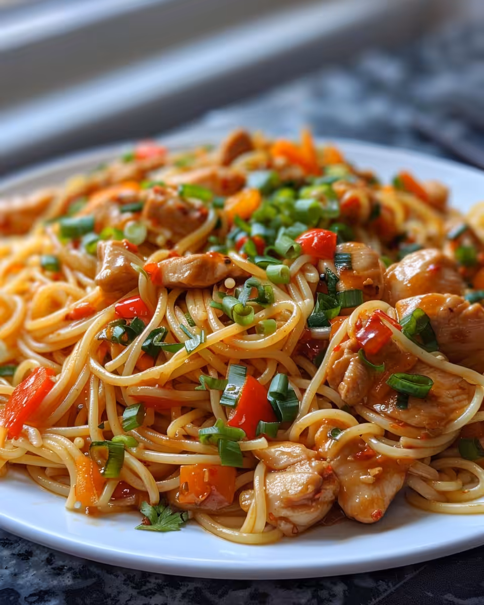 Served Chinese Chicken Spaghetti with vegetables and sprinkled red pepper flakes