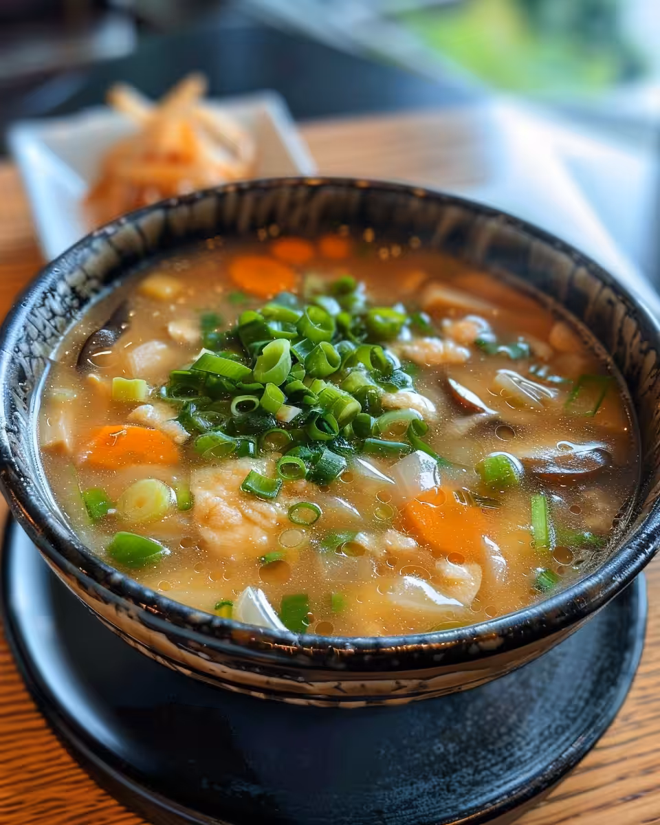 Clear broth with sliced mushrooms and scallions simmering in pot