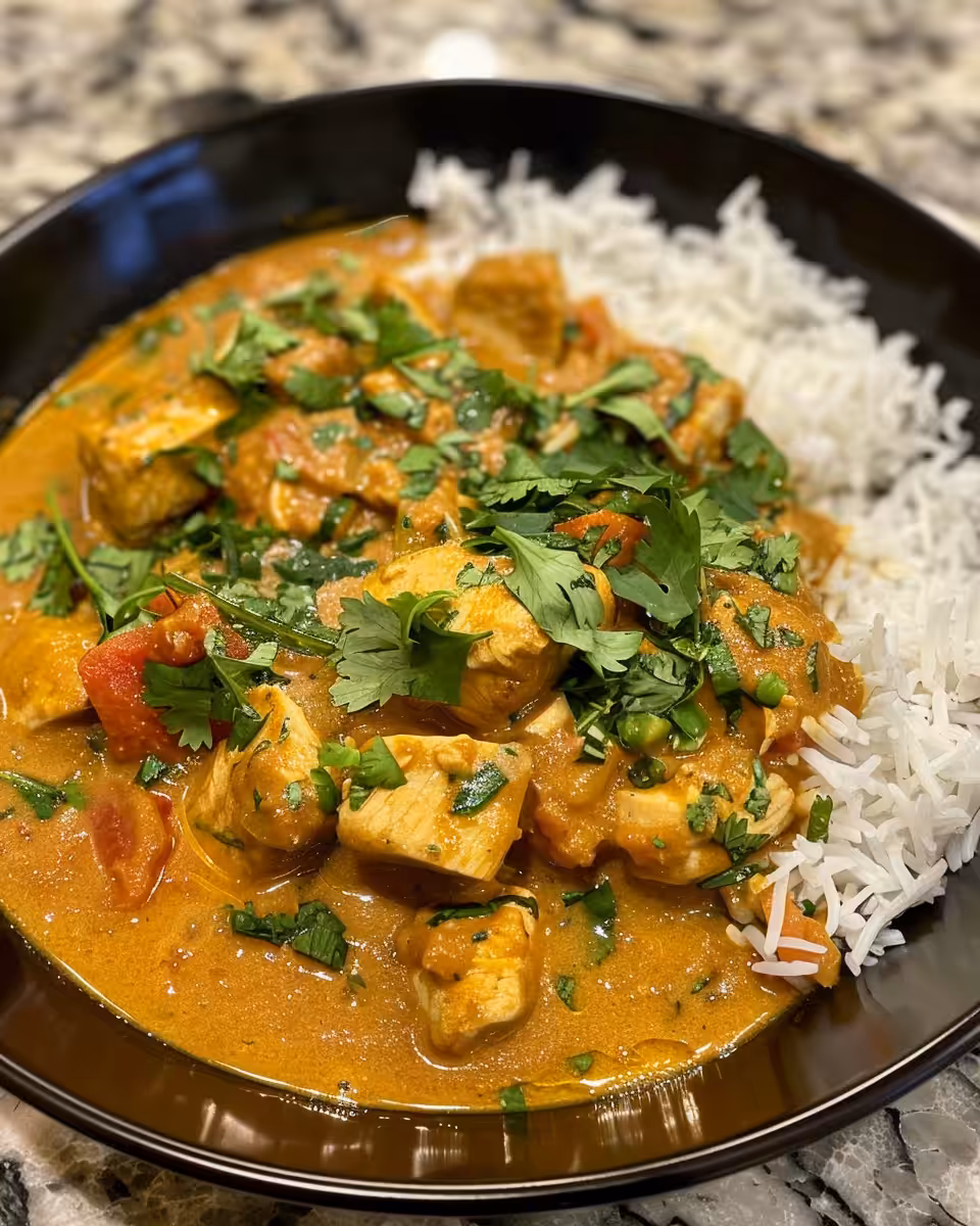 Close-up of creamy coconut chicken curry with garnish