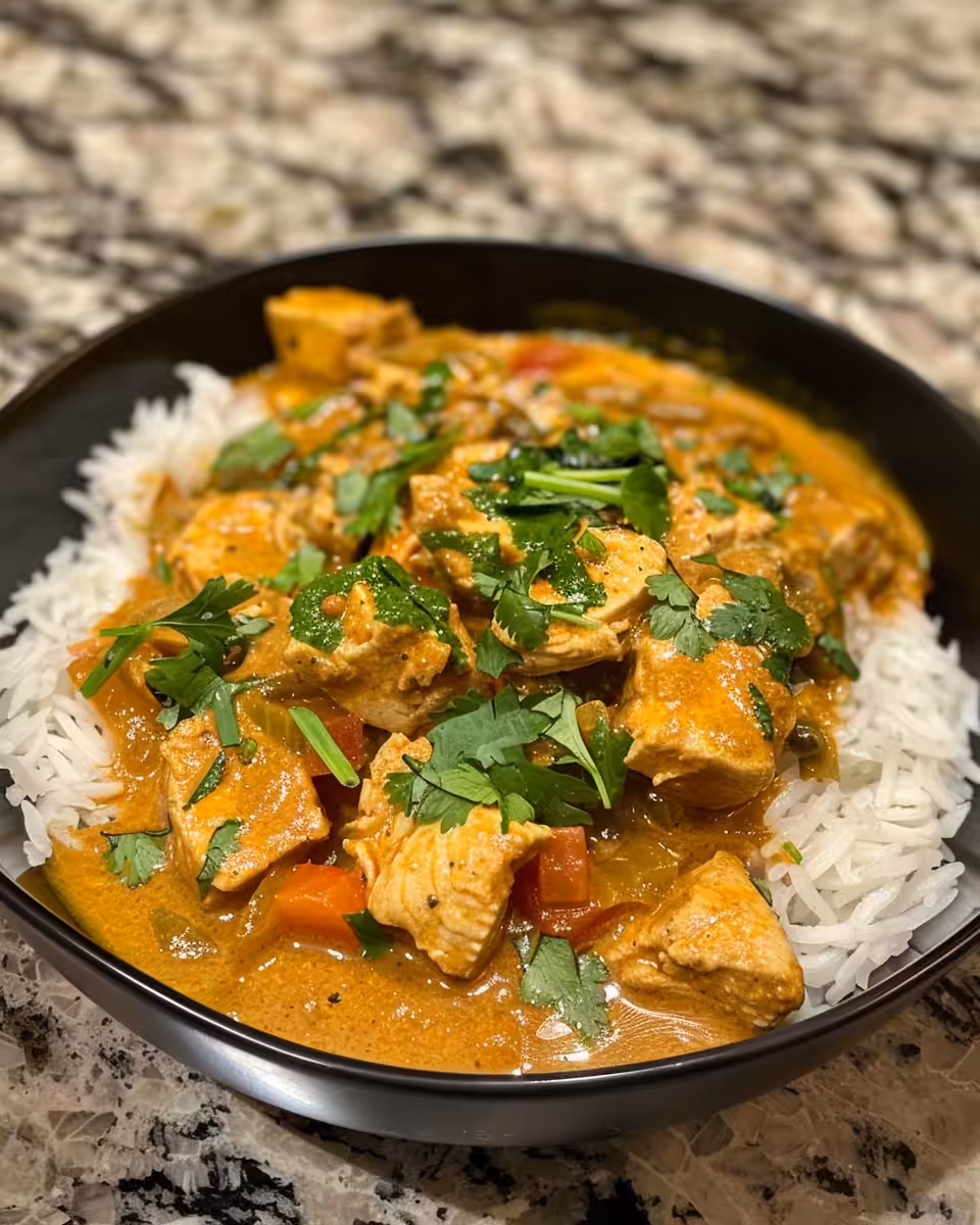 Pressure cooker with coconut chicken curry steaming warmly
