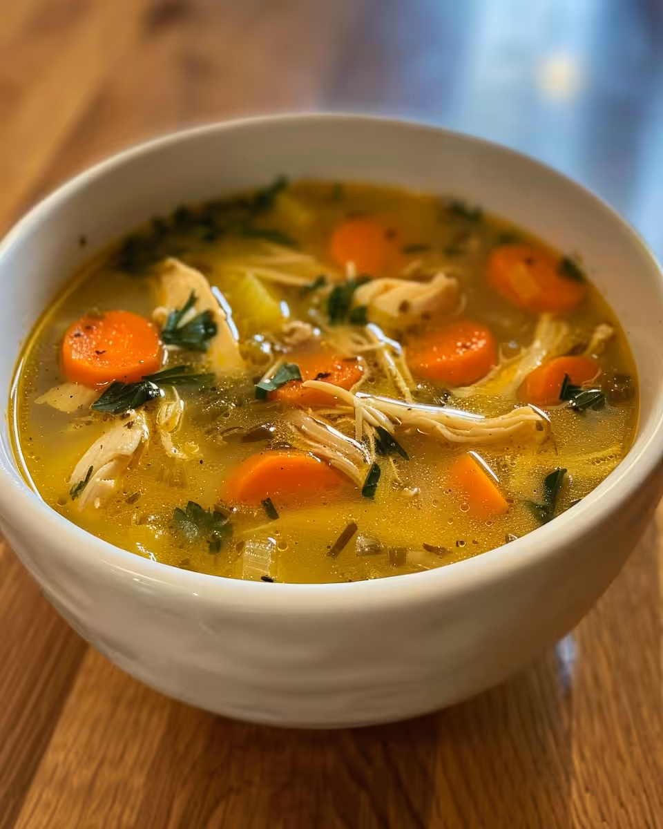 Final bowl of cold buster chicken soup garnished with fresh parsley and herbs
