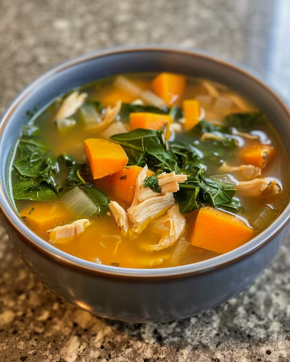 Serving bowl of chicken and sweet potato soup with herbs