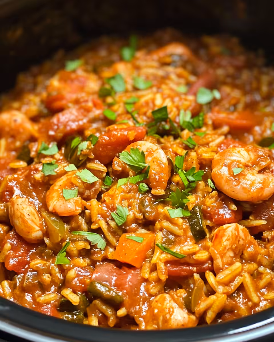 Sliced smoked sausage and chicken pieces in slow cooker jambalaya