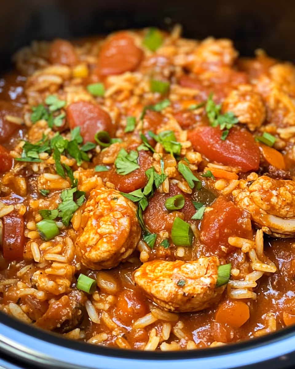 Serving of slow cooker jambalaya garnished with fresh parsley