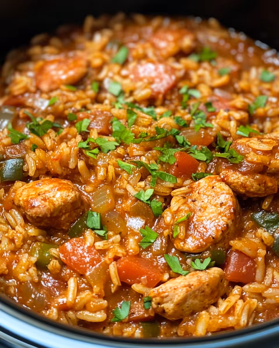 Slow cooker jambalaya bubbling with steam