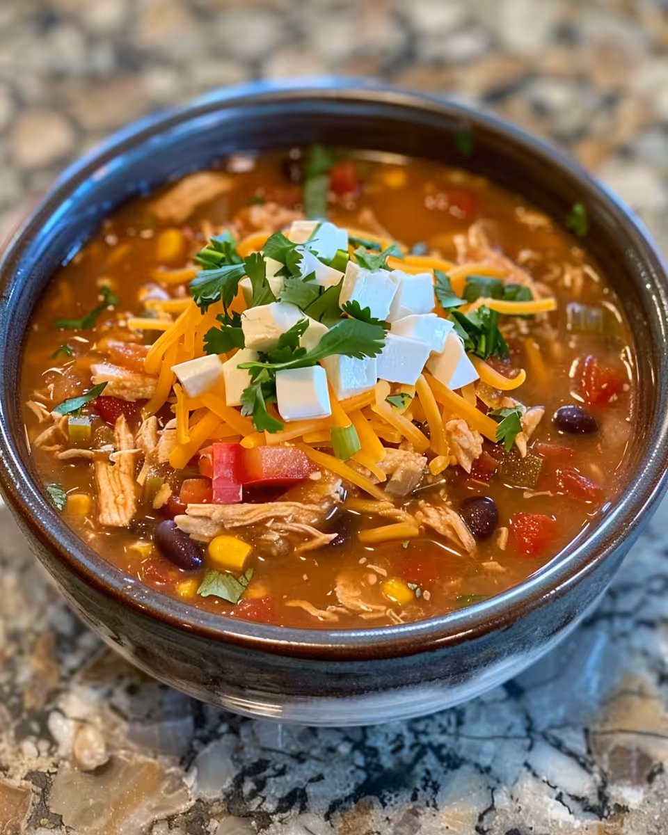A served bowl of chicken tortilla soup with toppings ready to enjoy